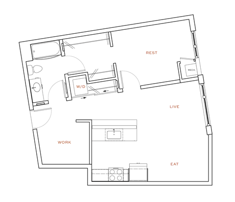 Floor plan for 1 bed, 1 bath, 710 sqft